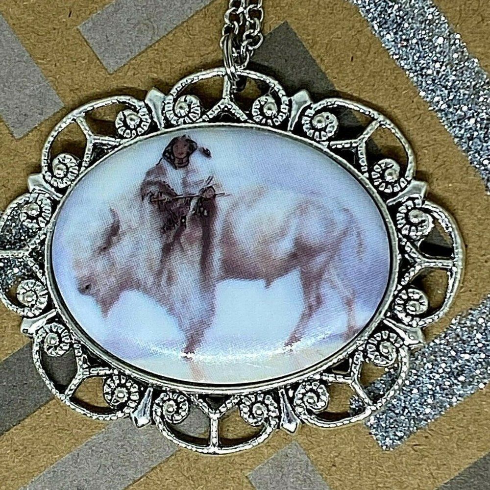 Tribal Indian Maidenwhite Bison Cameo Necklace